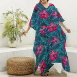 Hot Pink Hibiscus Tropical Pattern Print Silk V-Neck Kaftan Dress