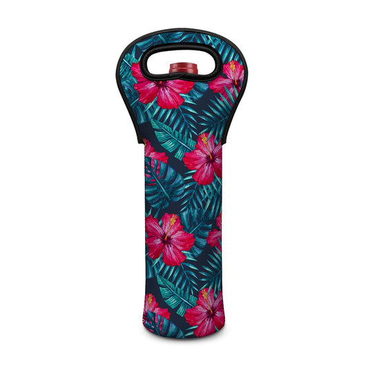 Hot Pink Hibiscus Tropical Pattern Print Single Neoprene Wine Tote