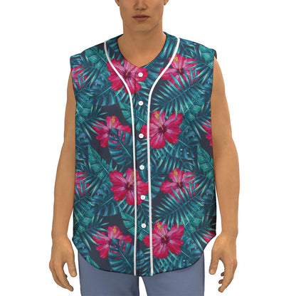 Hot Pink Hibiscus Tropical Pattern Print Sleeveless Baseball Jersey