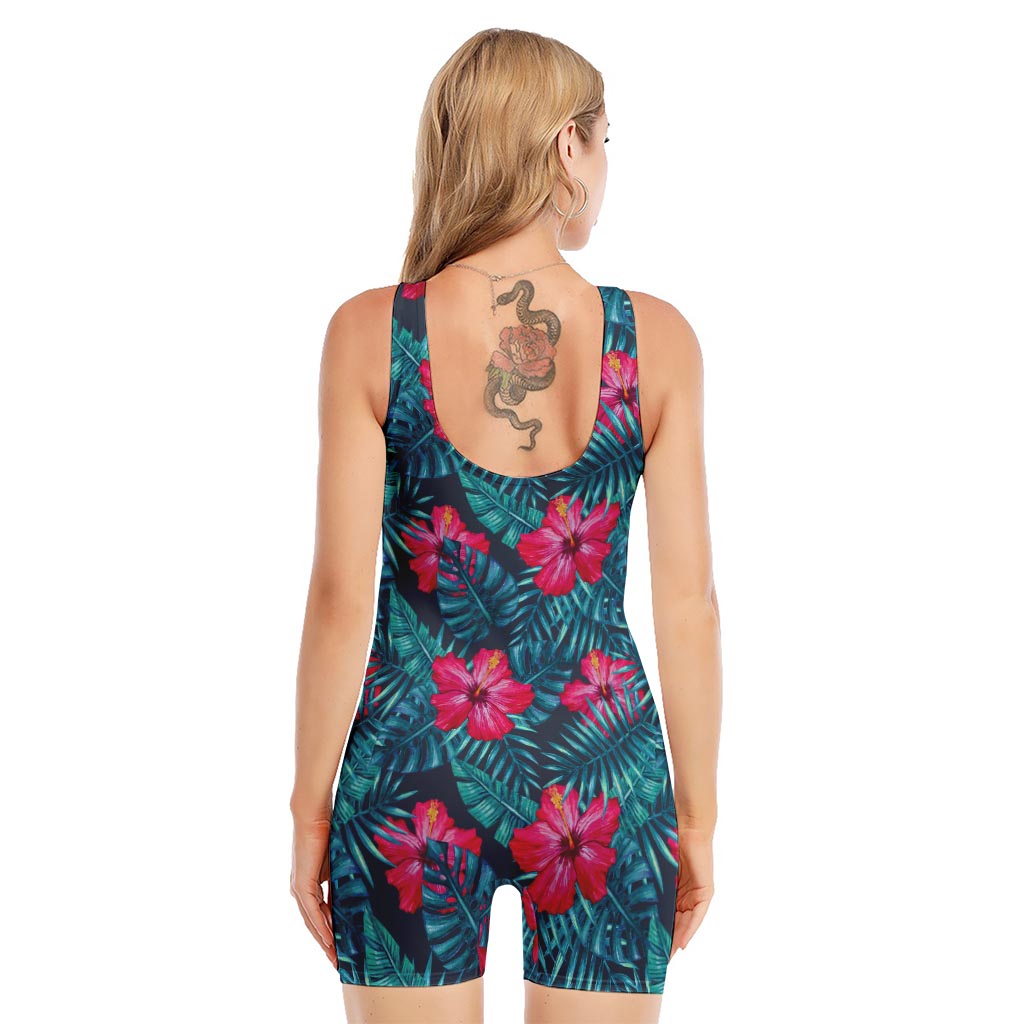 Hot Pink Hibiscus Tropical Pattern Print Sleeveless One Piece Swimsuit