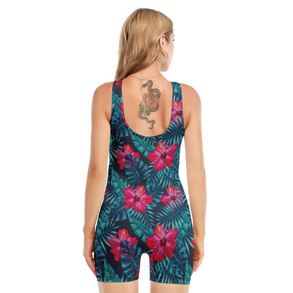 Hot Pink Hibiscus Tropical Pattern Print Sleeveless One Piece Swimsuit