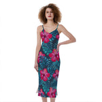 Hot Pink Hibiscus Tropical Pattern Print Slim Fit Midi Cami Dress