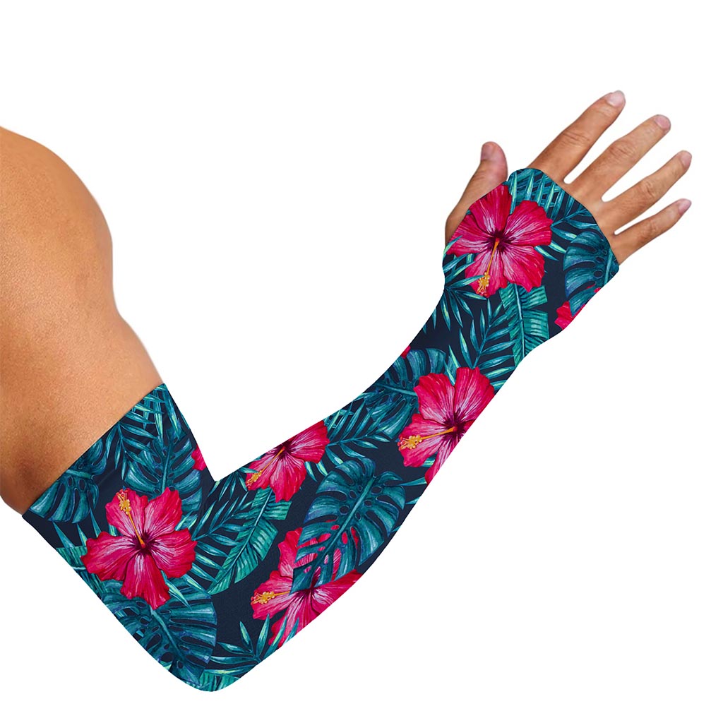 Hot Pink Hibiscus Tropical Pattern Print Sun Protection Arm Sleeves