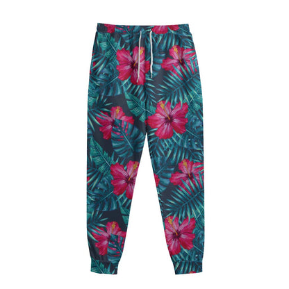 Hot Pink Hibiscus Tropical Pattern Print Sweatpants