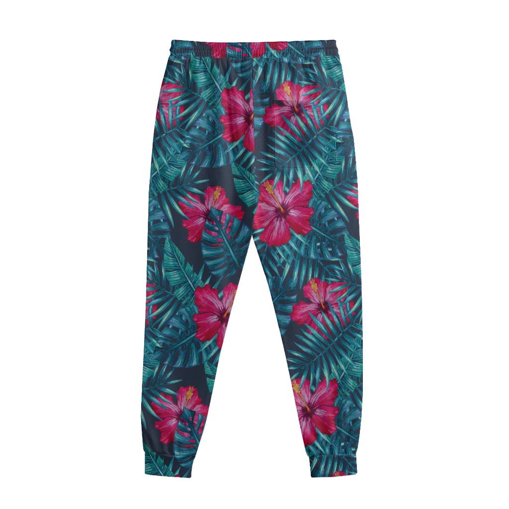 Hot Pink Hibiscus Tropical Pattern Print Sweatpants