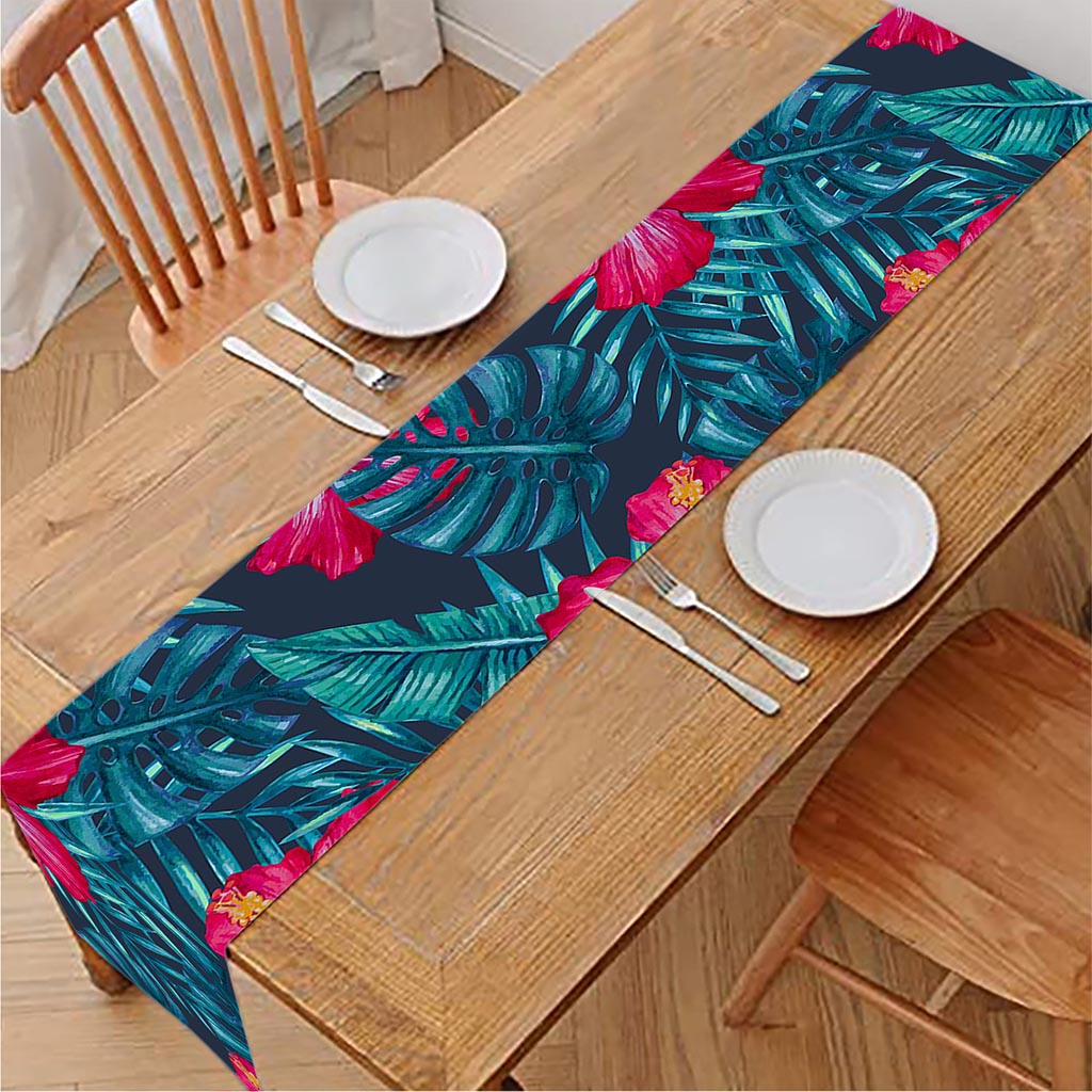 Hot Pink Hibiscus Tropical Pattern Print Table Runner