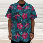 Hot Pink Hibiscus Tropical Pattern Print Textured Short Sleeve Shirt
