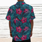Hot Pink Hibiscus Tropical Pattern Print Textured Short Sleeve Shirt