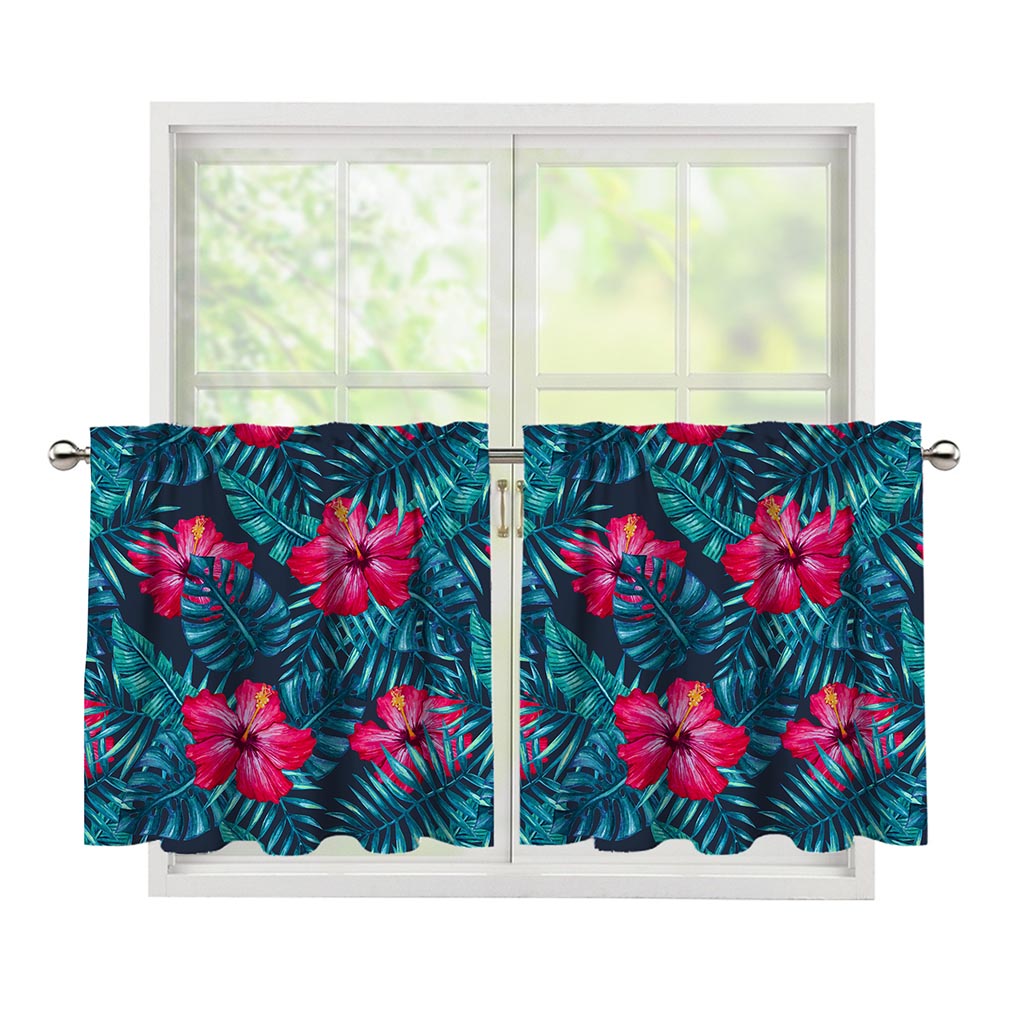 Hot Pink Hibiscus Tropical Pattern Print Tier Curtains
