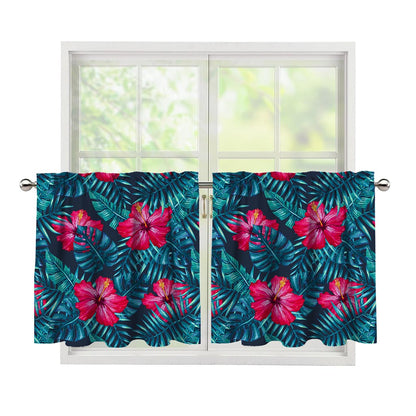 Hot Pink Hibiscus Tropical Pattern Print Tier Curtains