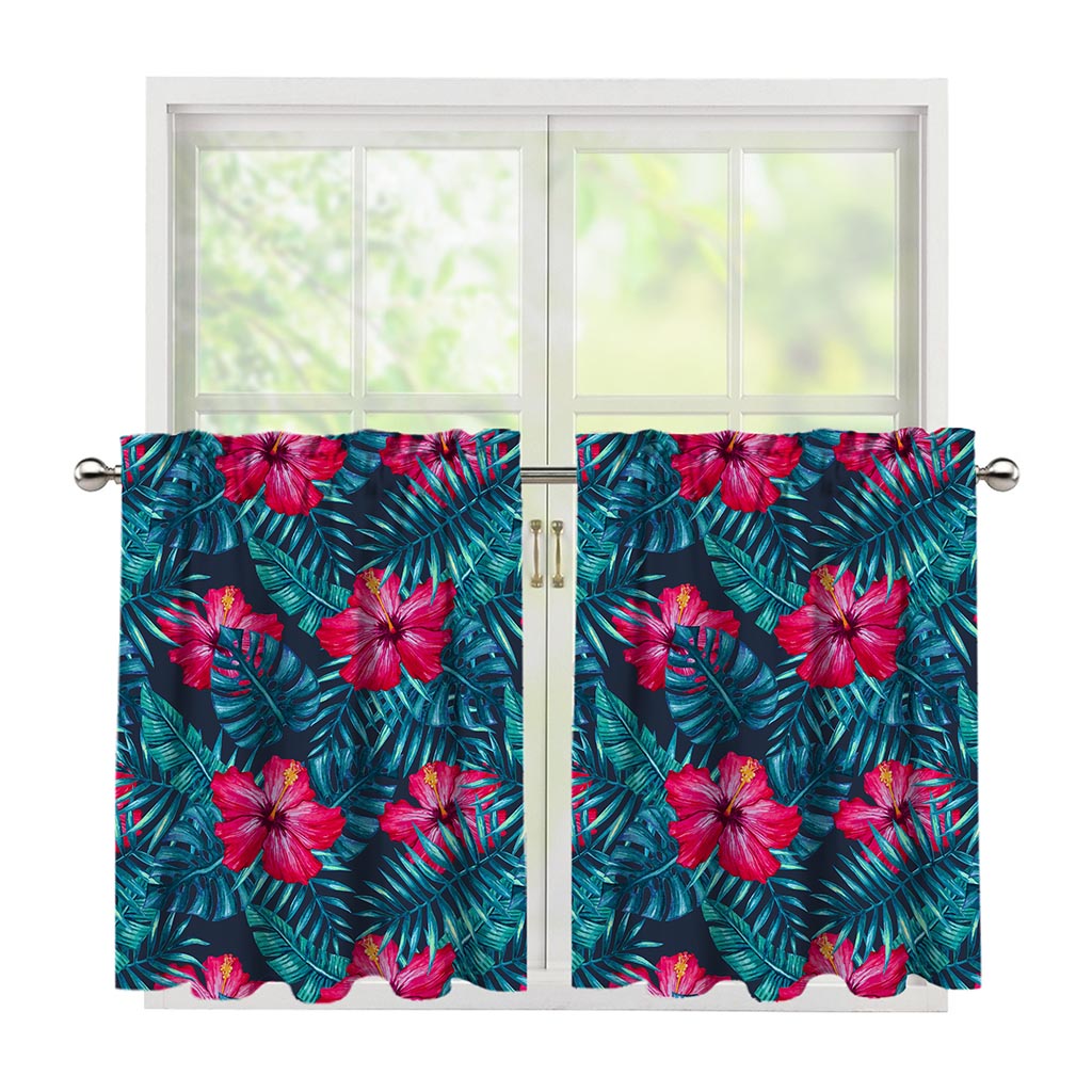 Hot Pink Hibiscus Tropical Pattern Print Tier Curtains