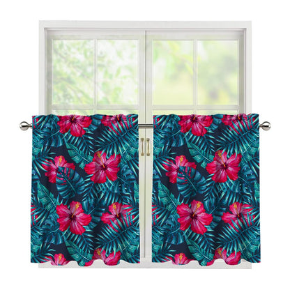 Hot Pink Hibiscus Tropical Pattern Print Tier Curtains