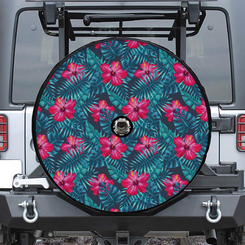 Hot Pink Hibiscus Tropical Pattern Print Tire Cover With Camera Hole