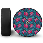 Hot Pink Hibiscus Tropical Pattern Print Tire Cover With Camera Hole