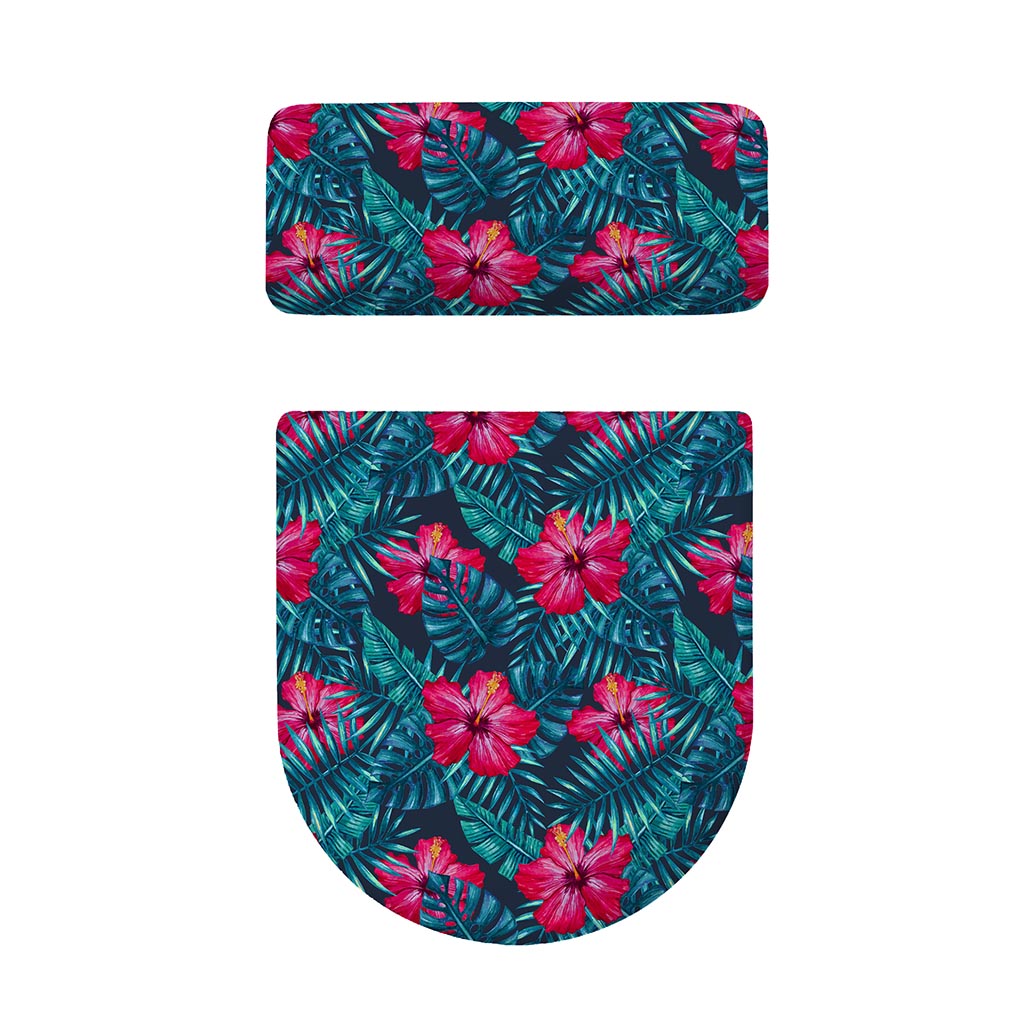 Hot Pink Hibiscus Tropical Pattern Print Toilet Lid And Tank Cover Set