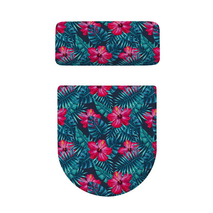 Hot Pink Hibiscus Tropical Pattern Print Toilet Lid And Tank Cover Set