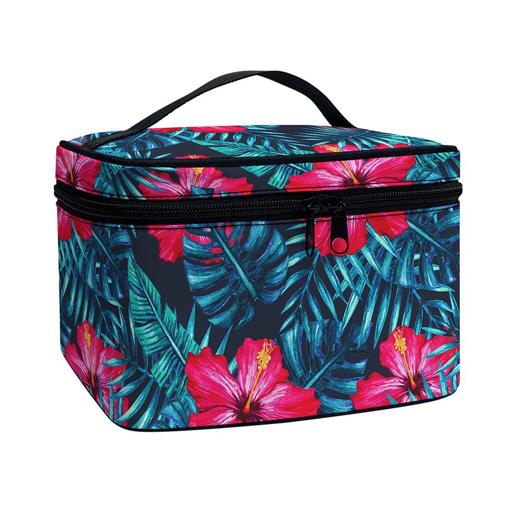 Hot Pink Hibiscus Tropical Pattern Print Travel Makeup Bag