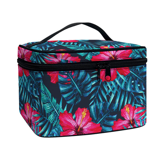 Hot Pink Hibiscus Tropical Pattern Print Travel Makeup Bag