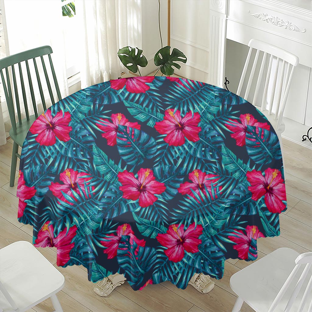 Hot Pink Hibiscus Tropical Pattern Print Waterproof Round Tablecloth