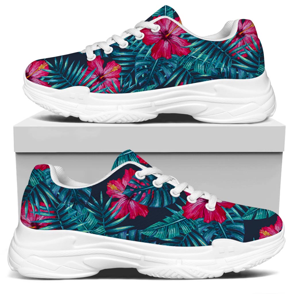 Hot Pink Hibiscus Tropical Pattern Print White Chunky Shoes