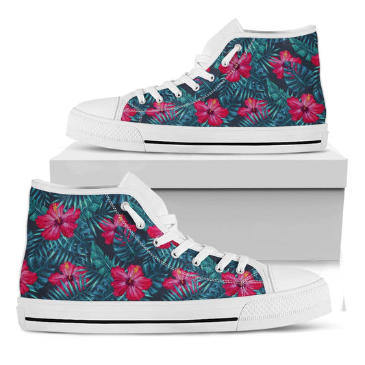 Hot Pink Hibiscus Tropical Pattern Print White High Top Sneakers
