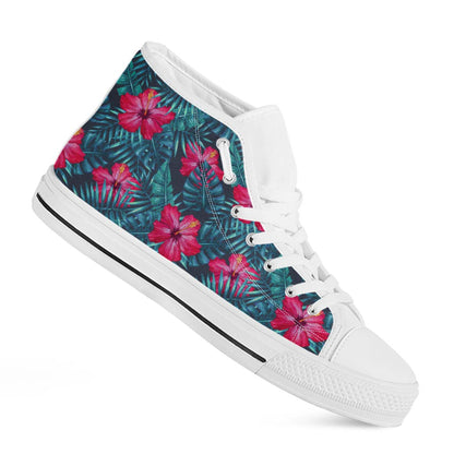 Hot Pink Hibiscus Tropical Pattern Print White High Top Sneakers