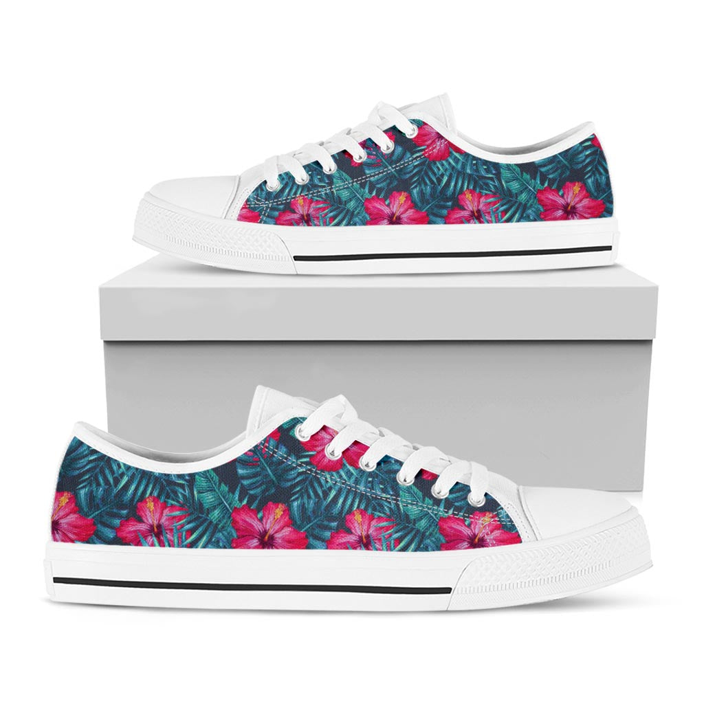 Hot Pink Hibiscus Tropical Pattern Print White Low Top Sneakers