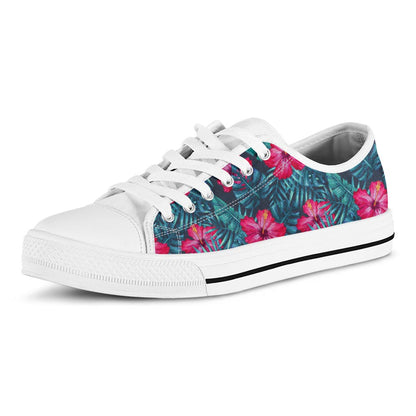 Hot Pink Hibiscus Tropical Pattern Print White Low Top Sneakers