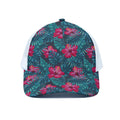 Hot Pink Hibiscus Tropical Pattern Print White Mesh Trucker Hat