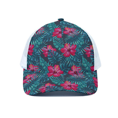 Hot Pink Hibiscus Tropical Pattern Print White Mesh Trucker Cap