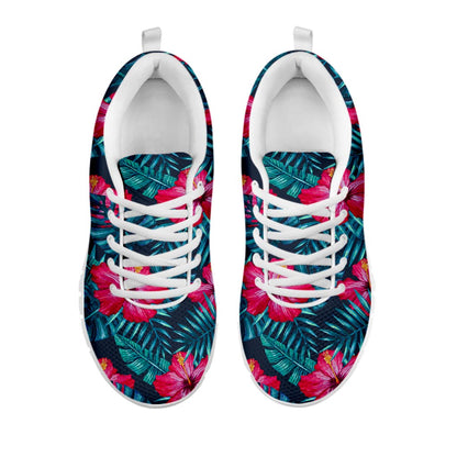 Hot Pink Hibiscus Tropical Pattern Print White Running Shoes