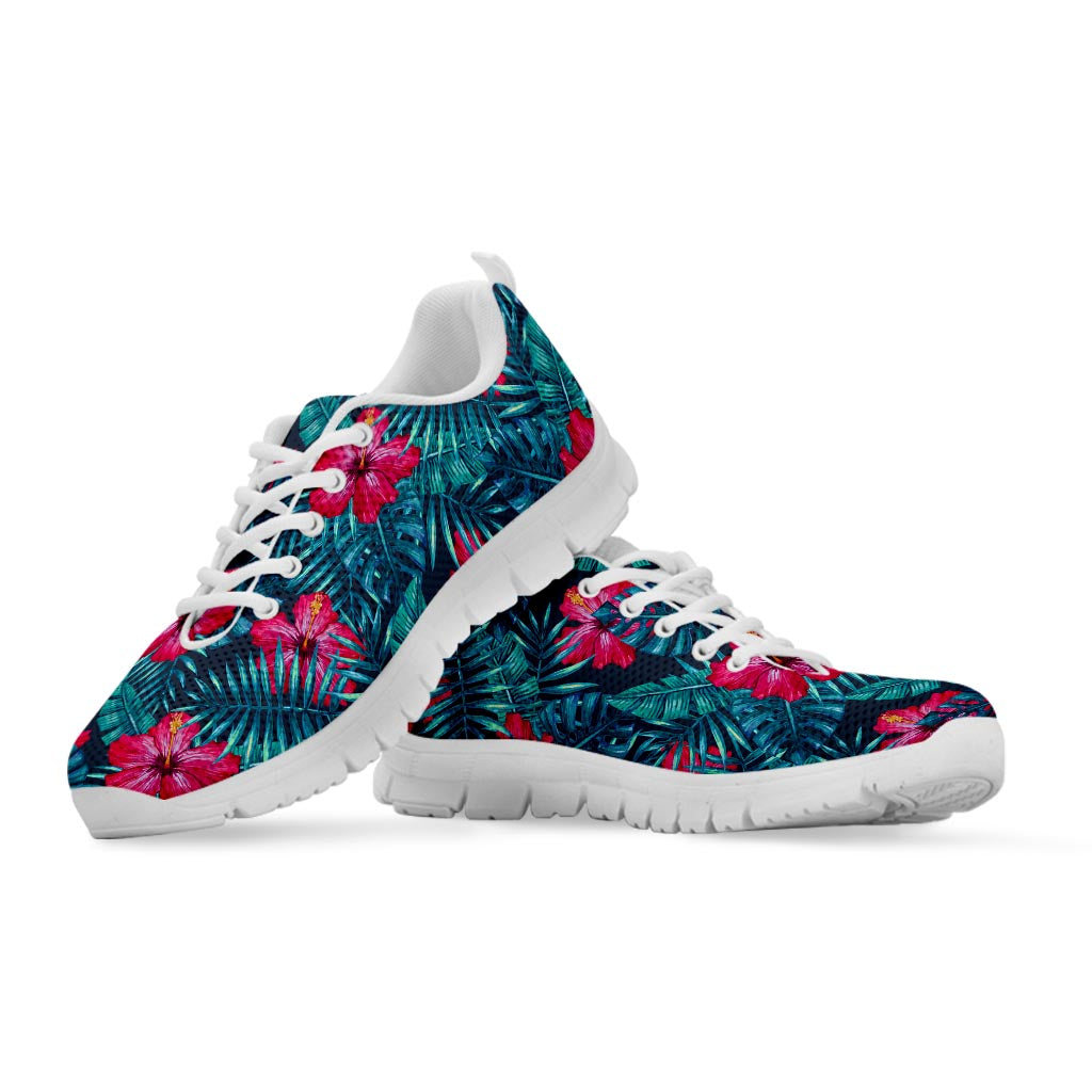 Hot Pink Hibiscus Tropical Pattern Print White Running Shoes