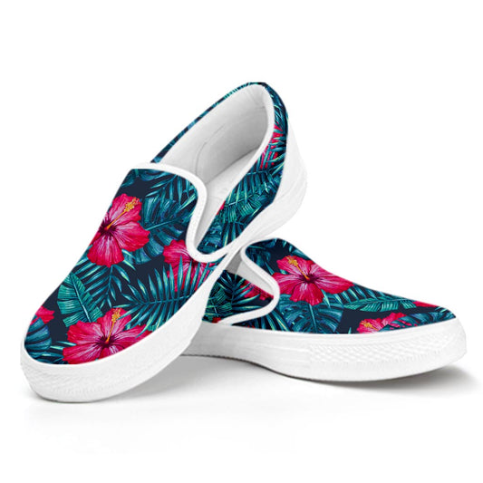 Hot Pink Hibiscus Tropical Pattern Print White Slip On Sneakers