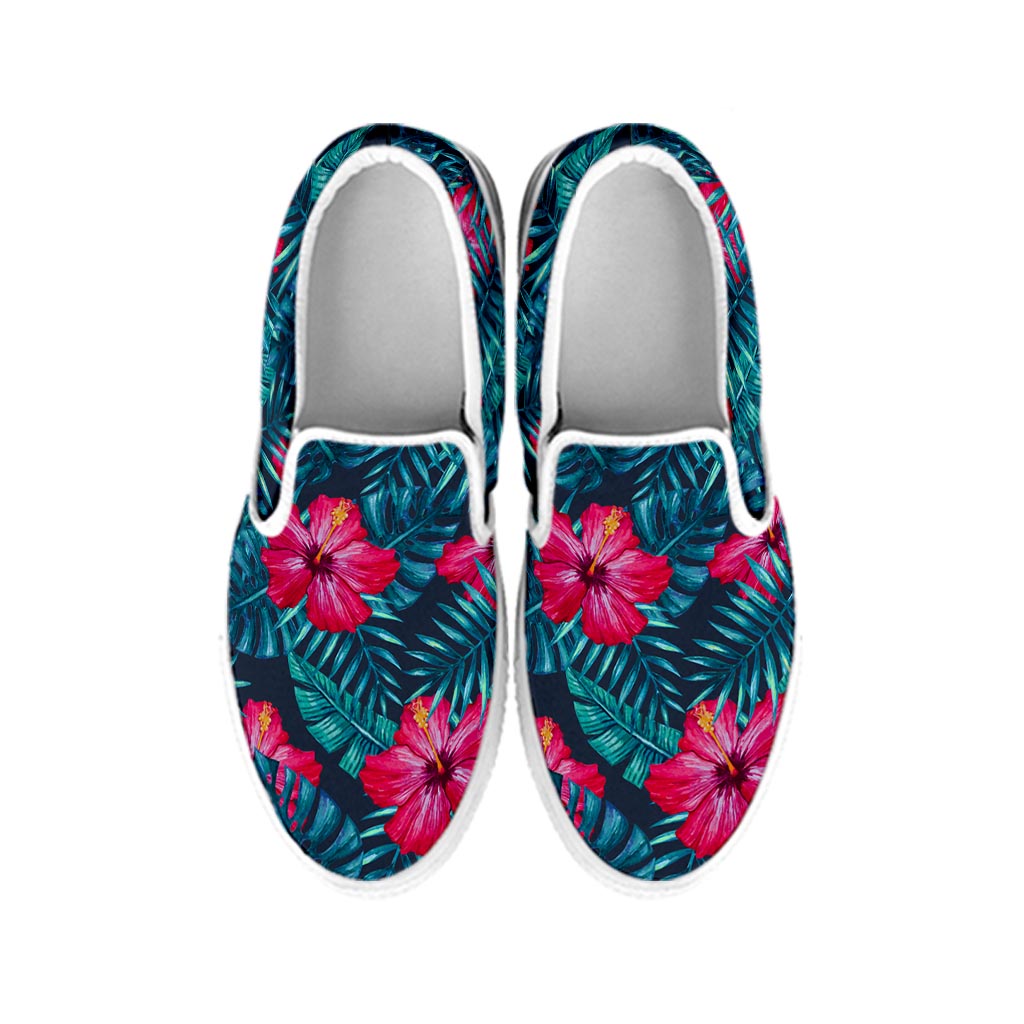 Hot Pink Hibiscus Tropical Pattern Print White Slip On Sneakers