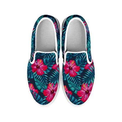 Hot Pink Hibiscus Tropical Pattern Print White Slip On Sneakers