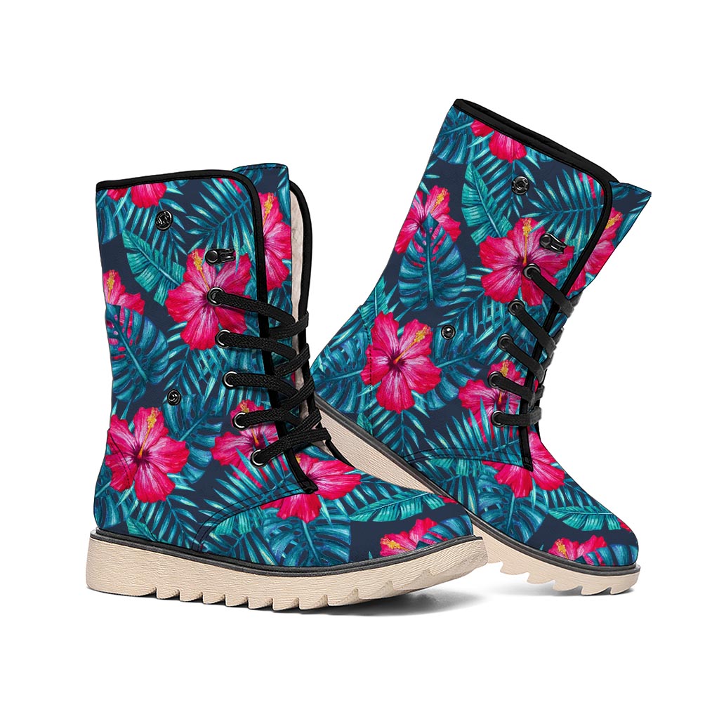 Hot Pink Hibiscus Tropical Pattern Print Winter Boots