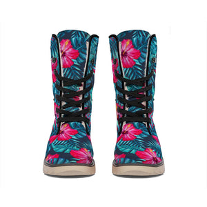 Hot Pink Hibiscus Tropical Pattern Print Winter Boots