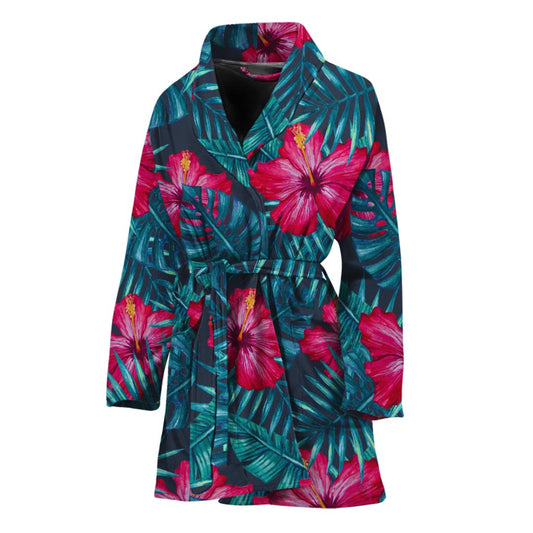 Hot Pink Hibiscus Tropical Pattern Print Women's Bathrobe