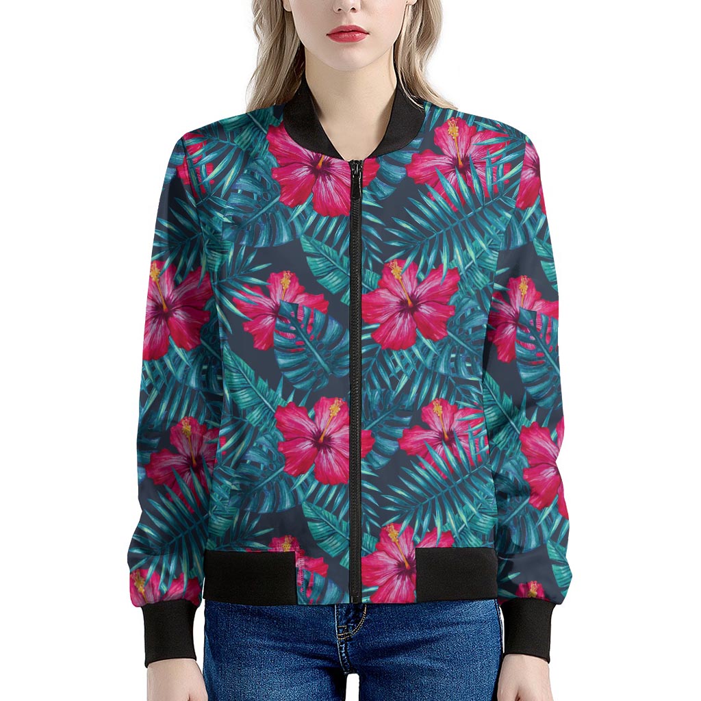 Hot Pink Hibiscus Tropical Pattern Print Women's Bomber Jacket