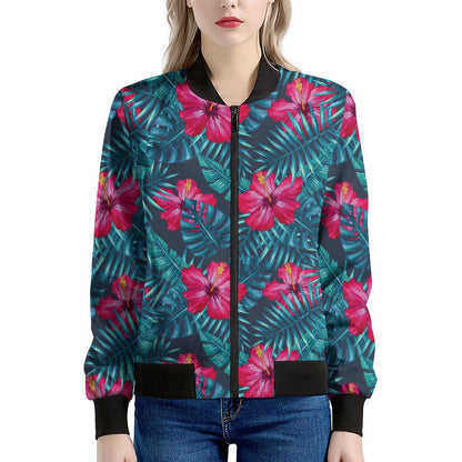 Hot Pink Hibiscus Tropical Pattern Print Women's Bomber Jacket