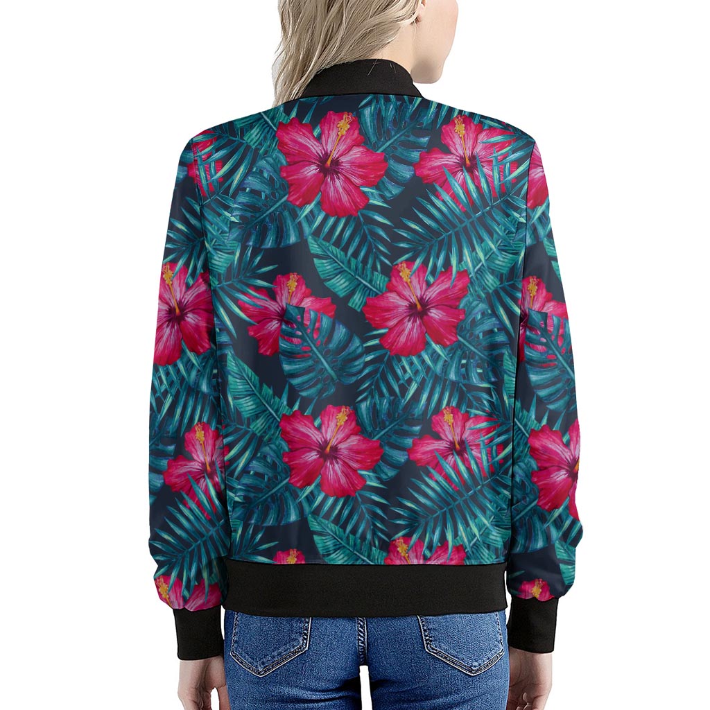 Hot Pink Hibiscus Tropical Pattern Print Women's Bomber Jacket