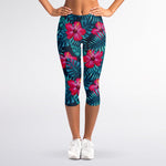 Hot Pink Hibiscus Tropical Pattern Print Women's Capri Leggings