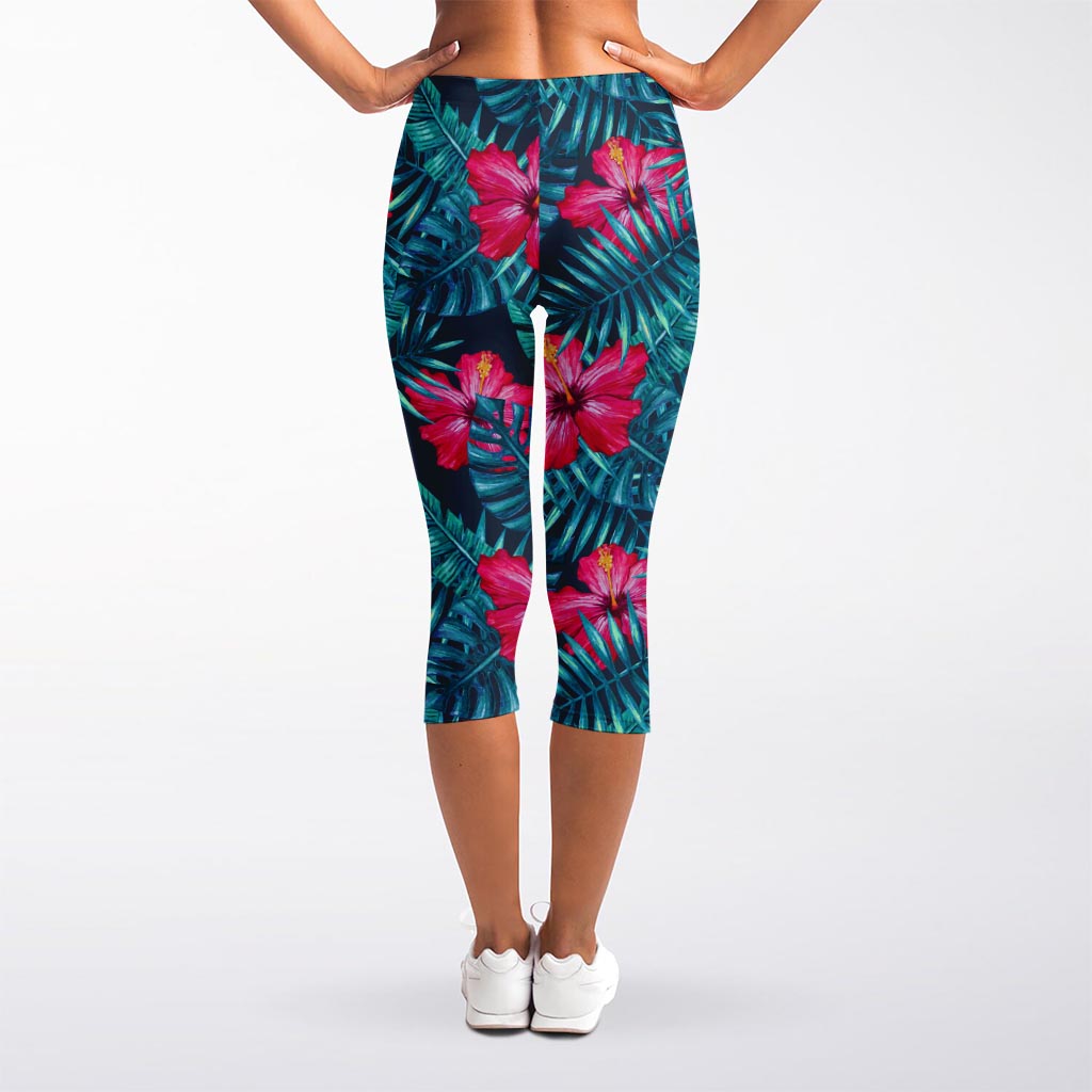 Hot Pink Hibiscus Tropical Pattern Print Women's Capri Leggings
