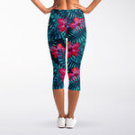 Hot Pink Hibiscus Tropical Pattern Print Women's Capri Leggings