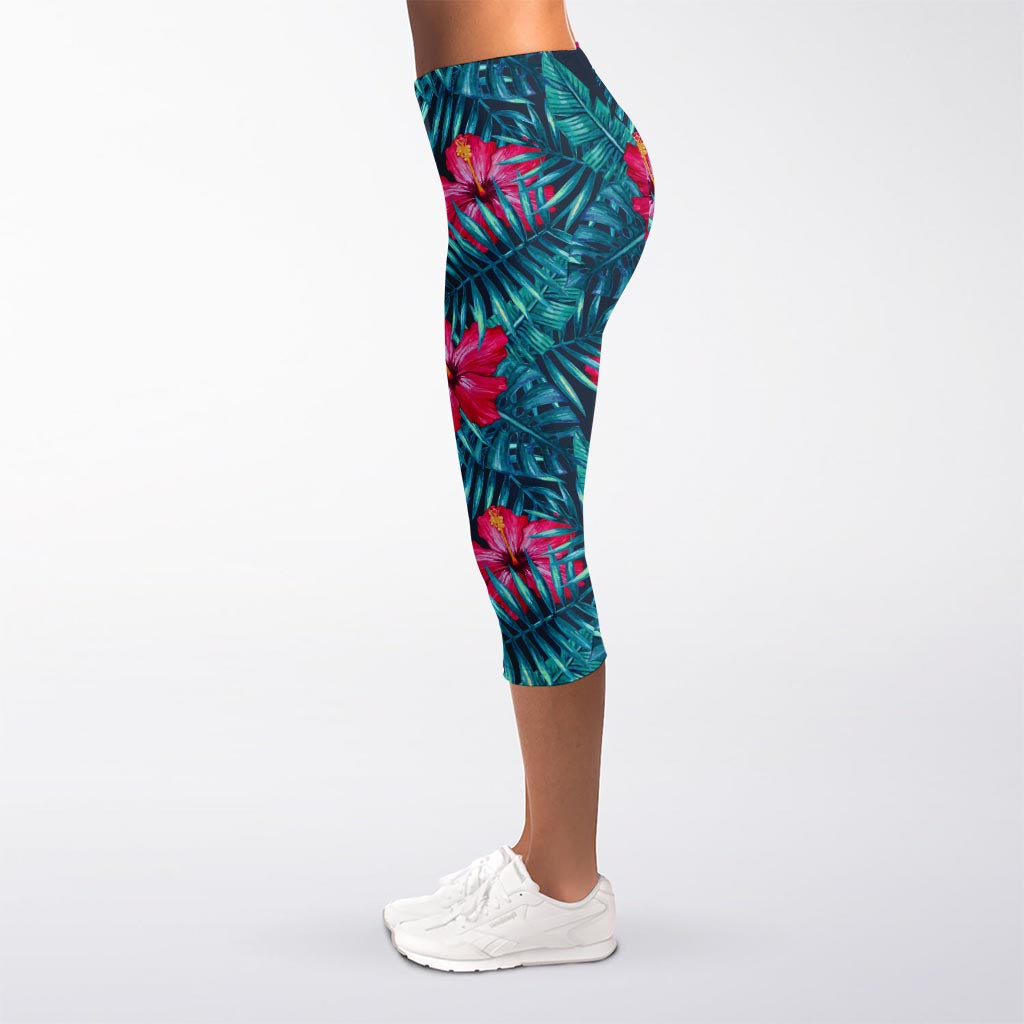 Hot Pink Hibiscus Tropical Pattern Print Women's Capri Leggings
