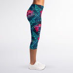 Hot Pink Hibiscus Tropical Pattern Print Women's Capri Leggings