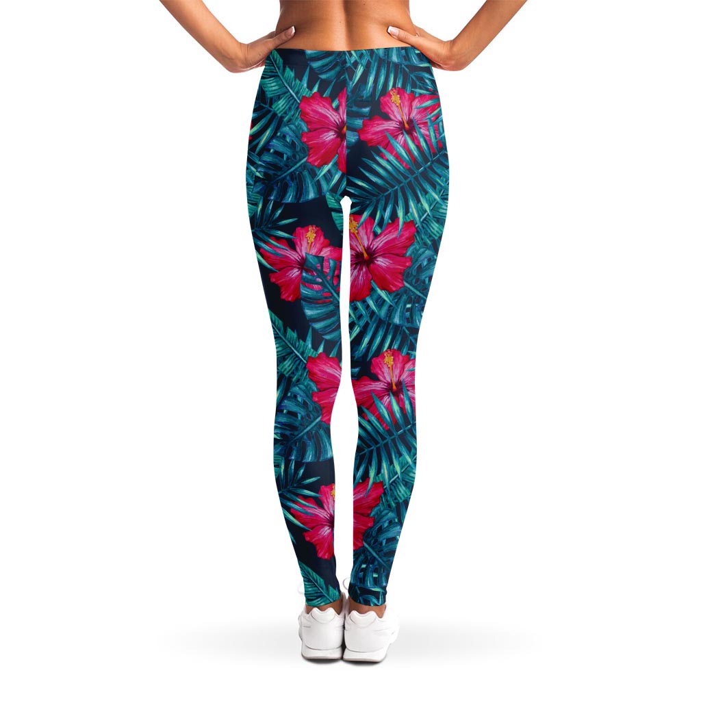 Hot Pink Hibiscus Tropical Pattern Print Women's Leggings