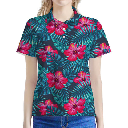 Hot Pink Hibiscus Tropical Pattern Print Women's Polo Shirt