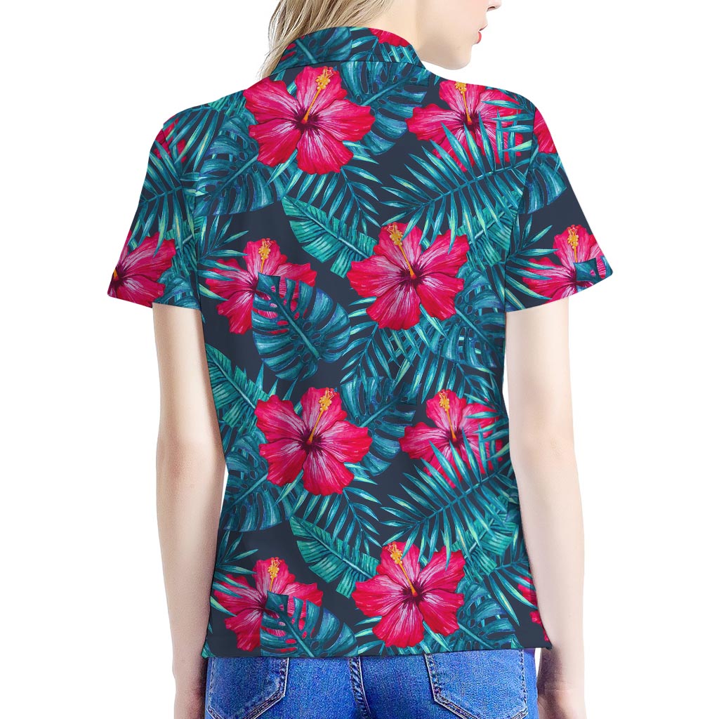 Hot Pink Hibiscus Tropical Pattern Print Women's Polo Shirt