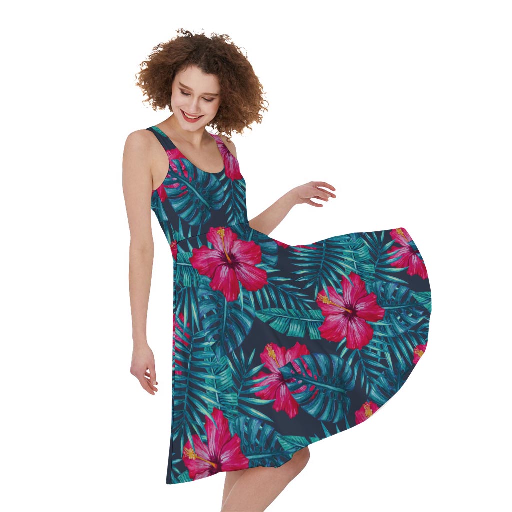 Hot Pink Hibiscus Tropical Pattern Print Sleeveless Knee Length Dress GearFrost Hot Pink Hibiscus Tropical Pattern Print Sleeveless Knee Length Dress GearFrost